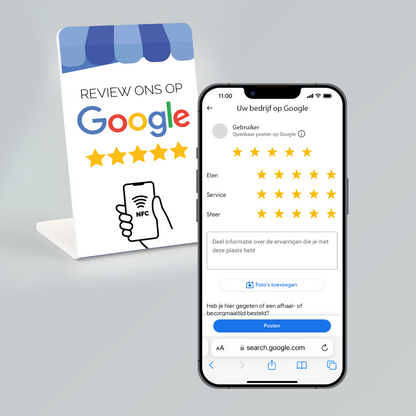 Telefoonbordje - Nu tijdelijk met 3 gratis Google review kaartjes! Onze chip opent jouw Google Review pagina.