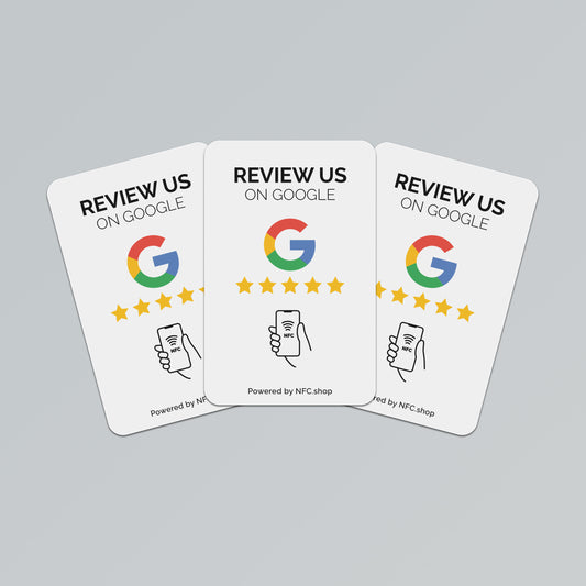 3 Google review kaarten - Onze chip opent jouw Google Review pagina.